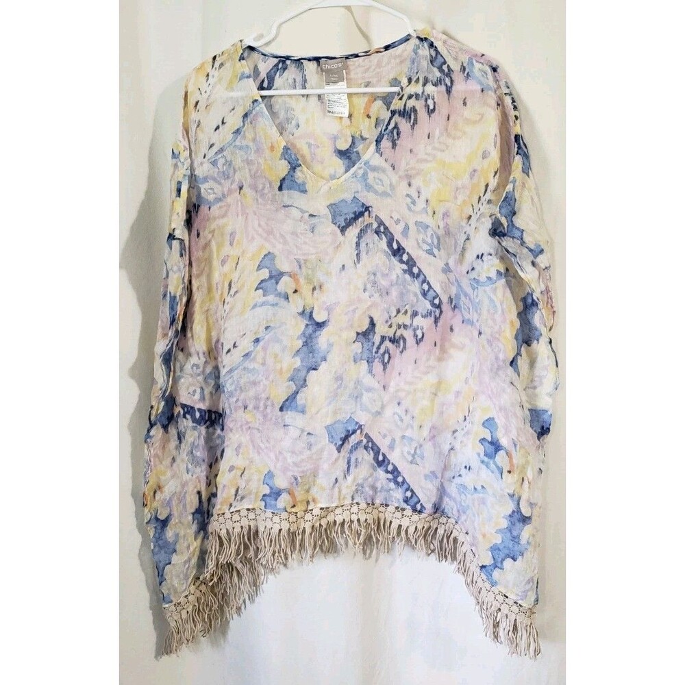 Chico's Women's L/XL Linen Poncho Floral Print Fringe Boho Lightweight Cover Up